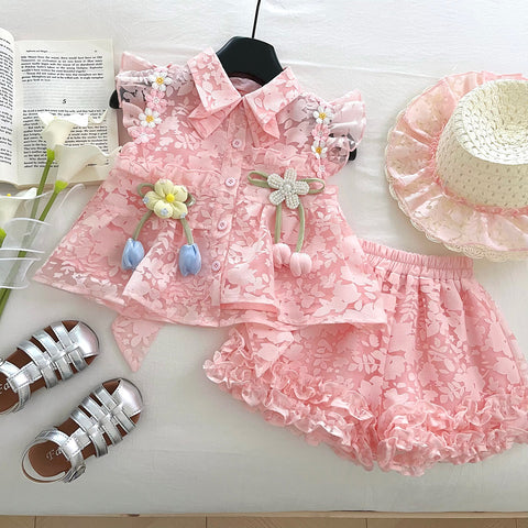 [963202] - One Set 2in1 Baju Setelan Atasan Kerah Lengan Kutung Bawahan Celana Pendek Summer Style Anak Perempuan Cewek - Motif Pink Floral - BABYHOKI STORE - BABYHOKI STORE