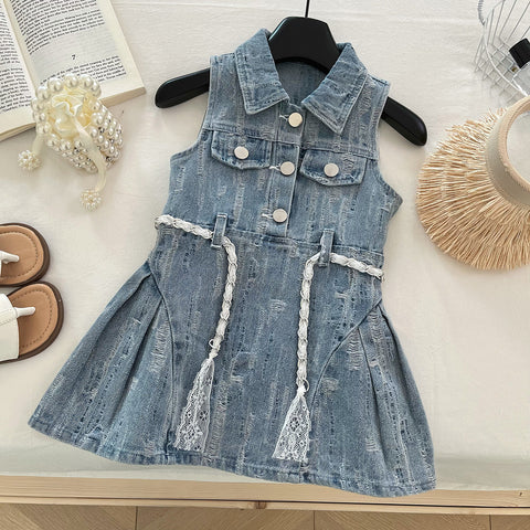 [963203] - Baju Gaun Dress Lengan Kutung Korean Version Style Anak Perempuan Cewek - Motif Small Denim Rips - BABYHOKI STORE - BABYHOKI STORE