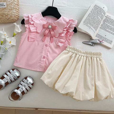 [963206] - One Set 2in1 Baju Setelan Atasan Blouse Lengan Kutung Bawahan Celana Pendek Comfort Version Style Anak Perempuan Cewek - Motif Ruffled Shoulders - BABYHOKI STORE - BABYHOKI STORE