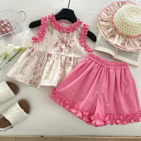 [963208] - One Set 2in1 Baju Setelan Atasan Blouse Lengan Kutung Bawahan Celana Pendek Ruflled Korean Style Anak Perempuan Cewek - Motif Pink Flower - BABYHOKI STORE
