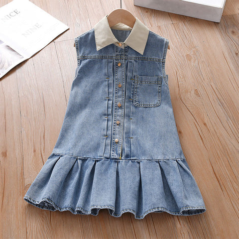 [963209] - Baju Gaun Dress Collar Kerah Lengan Kutung Korean Style Anak Perempuan Cewek - Motif Denim - BABYHOKI STORE