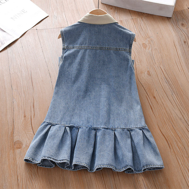 [963209] - Baju Gaun Dress Collar Kerah Lengan Kutung Korean Style Anak Perempuan Cewek - Motif Denim - BABYHOKI STORE