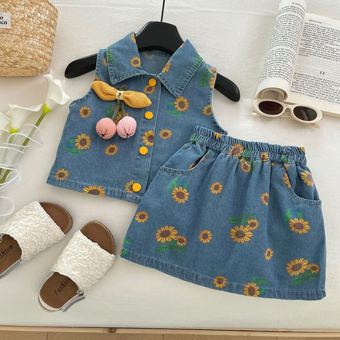 [963214] - One Set 2in1 Baju Setelan Atasan Vest Denim Lengan Kutung Bawahan Celana Rok Pendek Casual Style Anak Perempuan Cewek - Motif Sunflower - BABYHOKI STORE