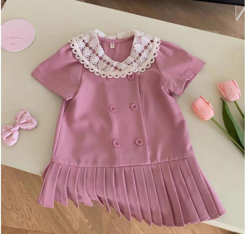[963219] - Baju Gaun Dress Lengan Pendek Bawahan Plisket Korean Version Style Anak Perempuan Cewek - Motif Doll Collar - BABYHOKI STORE