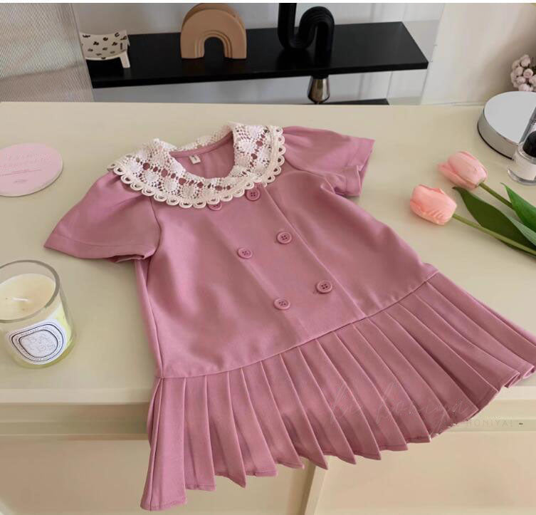 [963219] - Baju Gaun Dress Lengan Pendek Bawahan Plisket Korean Version Style Anak Perempuan Cewek - Motif Doll Collar - BABYHOKI STORE