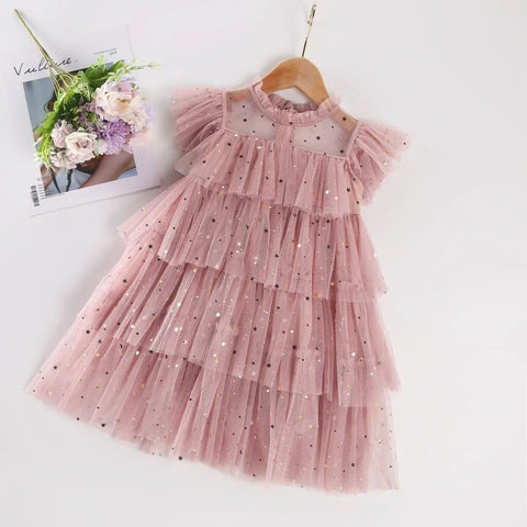[963220] - Baju Gaun Dress Lengan Kutung Tile Style Anak Perempuan Cewek - Motif Star Sequins - BABYHOKI STORE