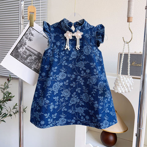 [963226] - Baju Gaun Dress Cheongsam Shanghai Imlek Lengan Kutung Chinese Hanfu Fashion Anak Perempuan Cewek - Motif Denim Flower - BABYHOKI STORE