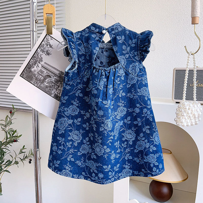 [963226] - Baju Gaun Dress Cheongsam Shanghai Imlek Lengan Kutung Chinese Hanfu Fashion Anak Perempuan Cewek - Motif Denim Flower - BABYHOKI STORE