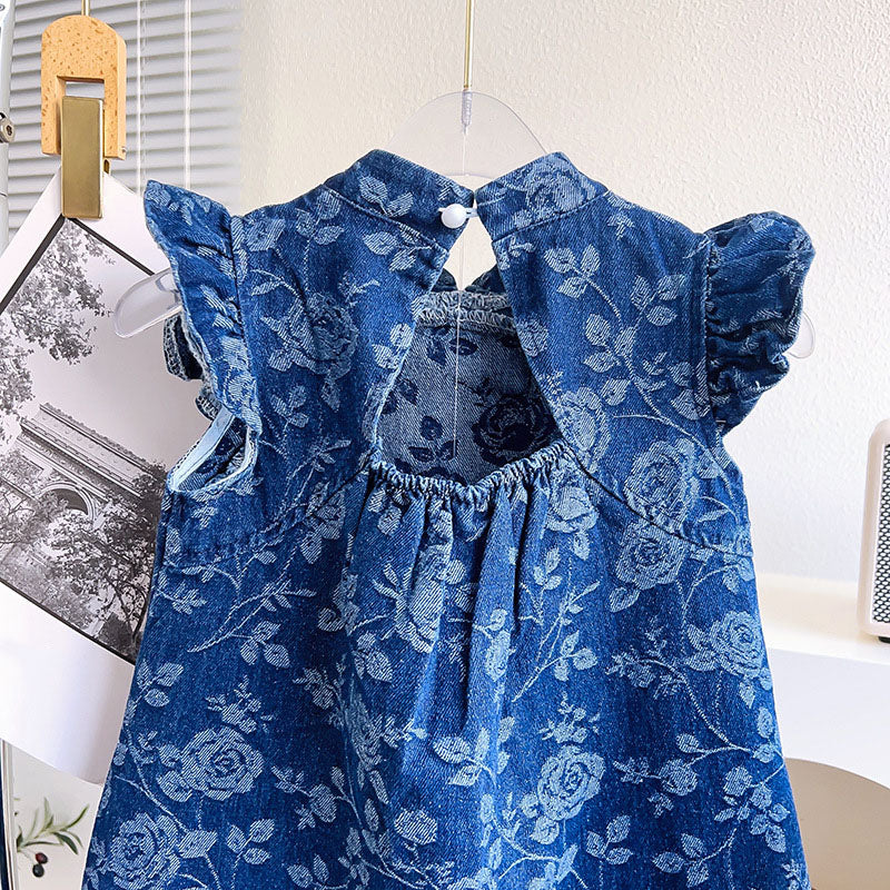 [963226] - Baju Gaun Dress Cheongsam Shanghai Imlek Lengan Kutung Chinese Hanfu Fashion Anak Perempuan Cewek - Motif Denim Flower - BABYHOKI STORE
