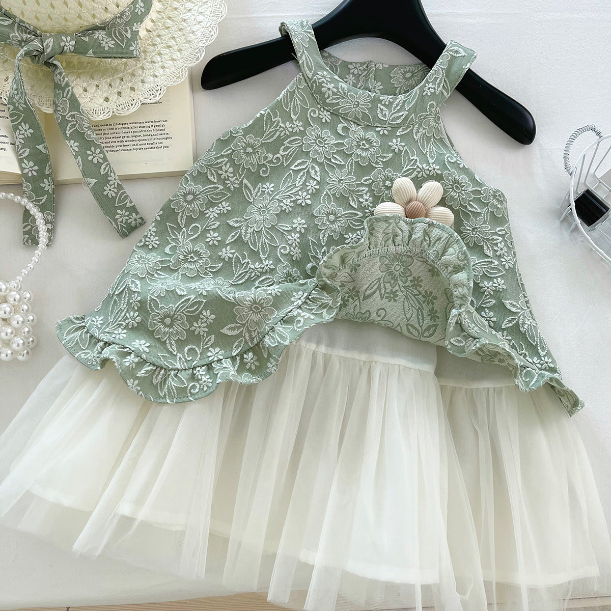 [963227] - Baju Gaun Dress Retro Lengan Kutung Korean Style Anak Perempuan Cewek - Motif Basic Green Color - BABYHOKI STORE