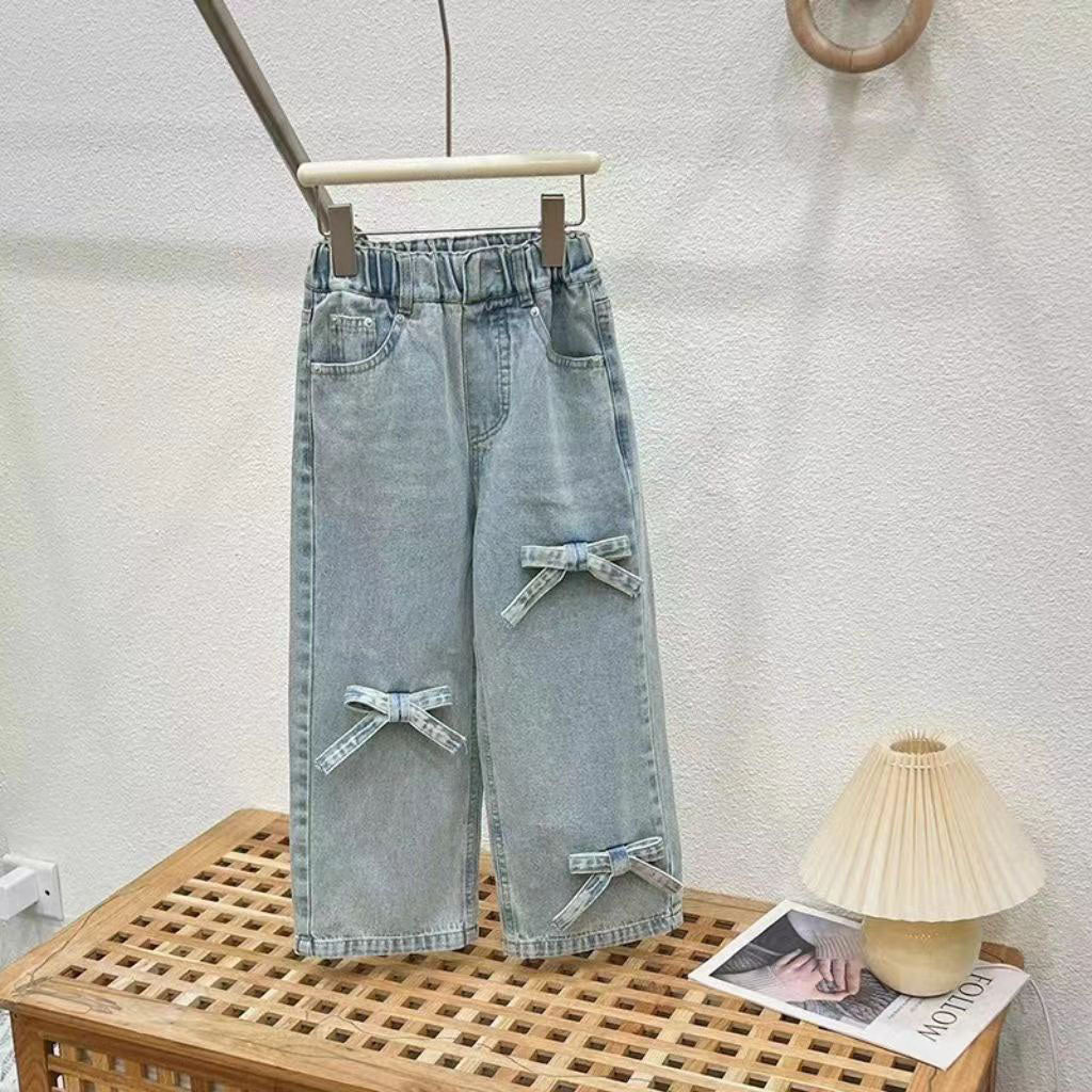 [963231] - One Set 2in1 Baju Setelan Atasan Kaos Lengan Pendek Bawahan Celana Jeans Kulot Comfort Style Anak Perempuan Cewek - Motif Big Bow - BABYHOKI STORE