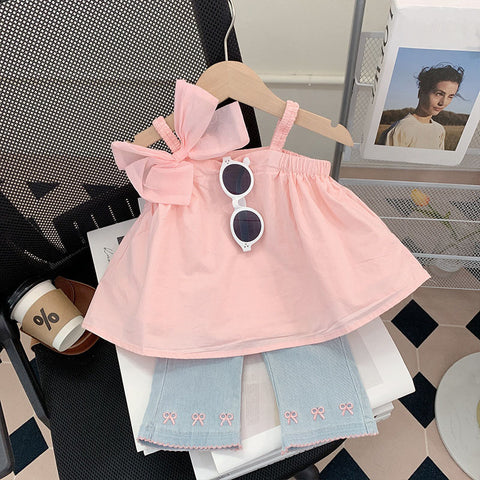 [963238] - One Set 2in1 Baju Setelan Atasan Blouse Lengan Kutung Bawahan Celana Panjang Korean Style Anak Perempuan Cewek - Motif Top Bow - BABYHOKI STORE
