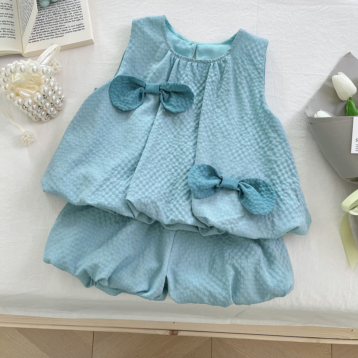 [963252] - One Set 2in1 Baju Setelan Atasan Lengan Kutung Bawahan Celana Pendek Korean Style Anak Perempuan Cewek - Motif Bow Cute - BABYHOKI STORE