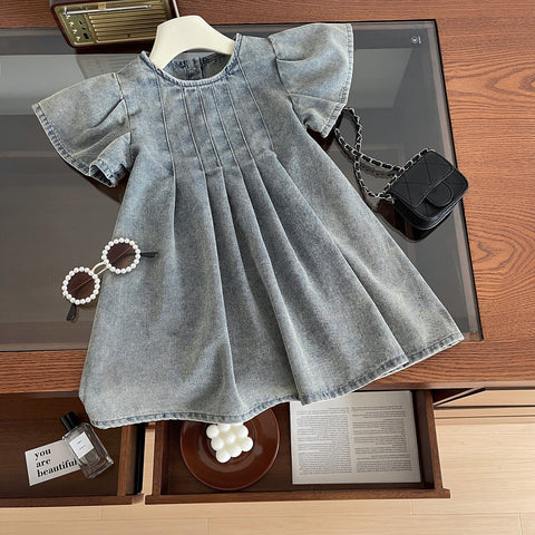 [963261] - Baju Gaun Dress Summer Lengan Kutung Korean Style Anak Perempuan Cewek - Motif Color Solid Denim  - BABYHOKI STORE
