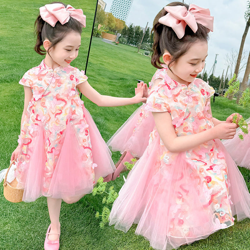 [963270] - Baju Gaun Dress Cheongsam Shanghai Imlek Lengan Kutung Chinese Fashion Anak Perempuan Cewek - Motif Sweet Pink Flower - BABYHOKI STORE