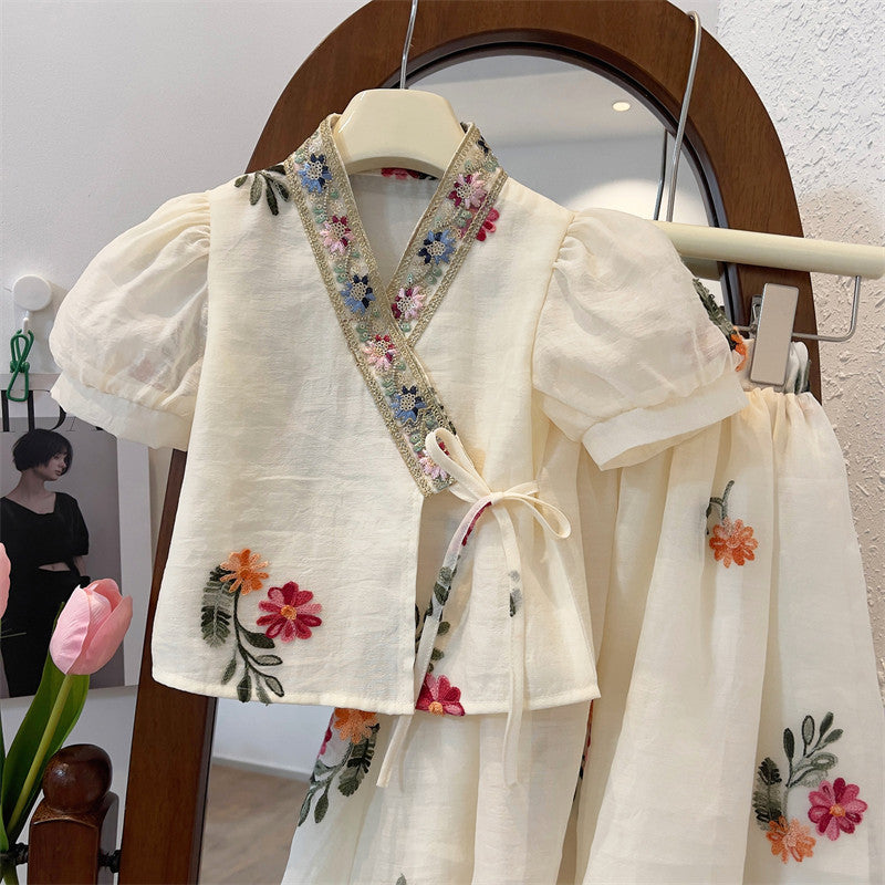 [963288] - One Set 2in1 Baju Setelan Anak Atasan Lengan Pendek Bawahan Rok Midi Skirt Famous Ethnic Style Perempuan Cewek - Motif Lace Embroidered - BABYHOKI STORE