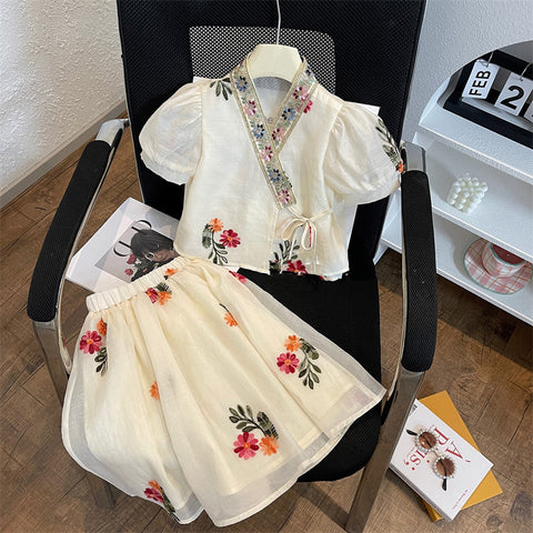 [963288] - One Set 2in1 Baju Setelan Anak Atasan Lengan Pendek Bawahan Rok Midi Skirt Famous Ethnic Style Perempuan Cewek - Motif Lace Embroidered - BABYHOKI STORE