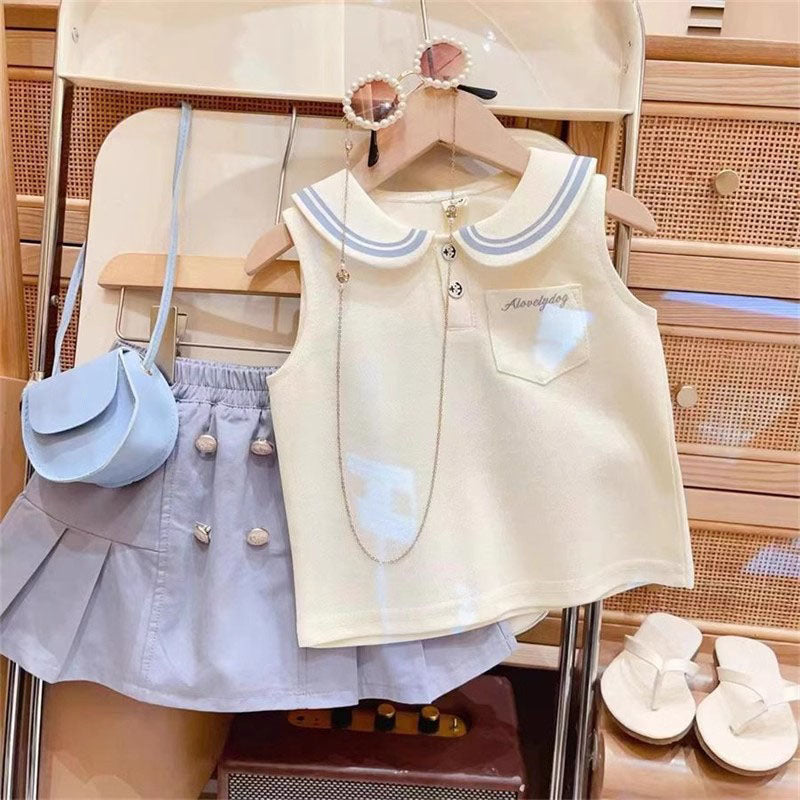 [963293] - One Set 2in1 Baju Setelan Atasan Kerah Lengan Kutung Bawahan Celana Rok Pendek Korean Style Anak Perempuan Cewek - Motif Academy Style - BABYHOKI STORE