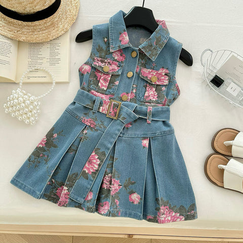 [963299] - Baju Gaun Dress Lengan Kutung Korean Style Anak Perempuan Cewek - Motif Denim Floral - BABYHOKI STORE