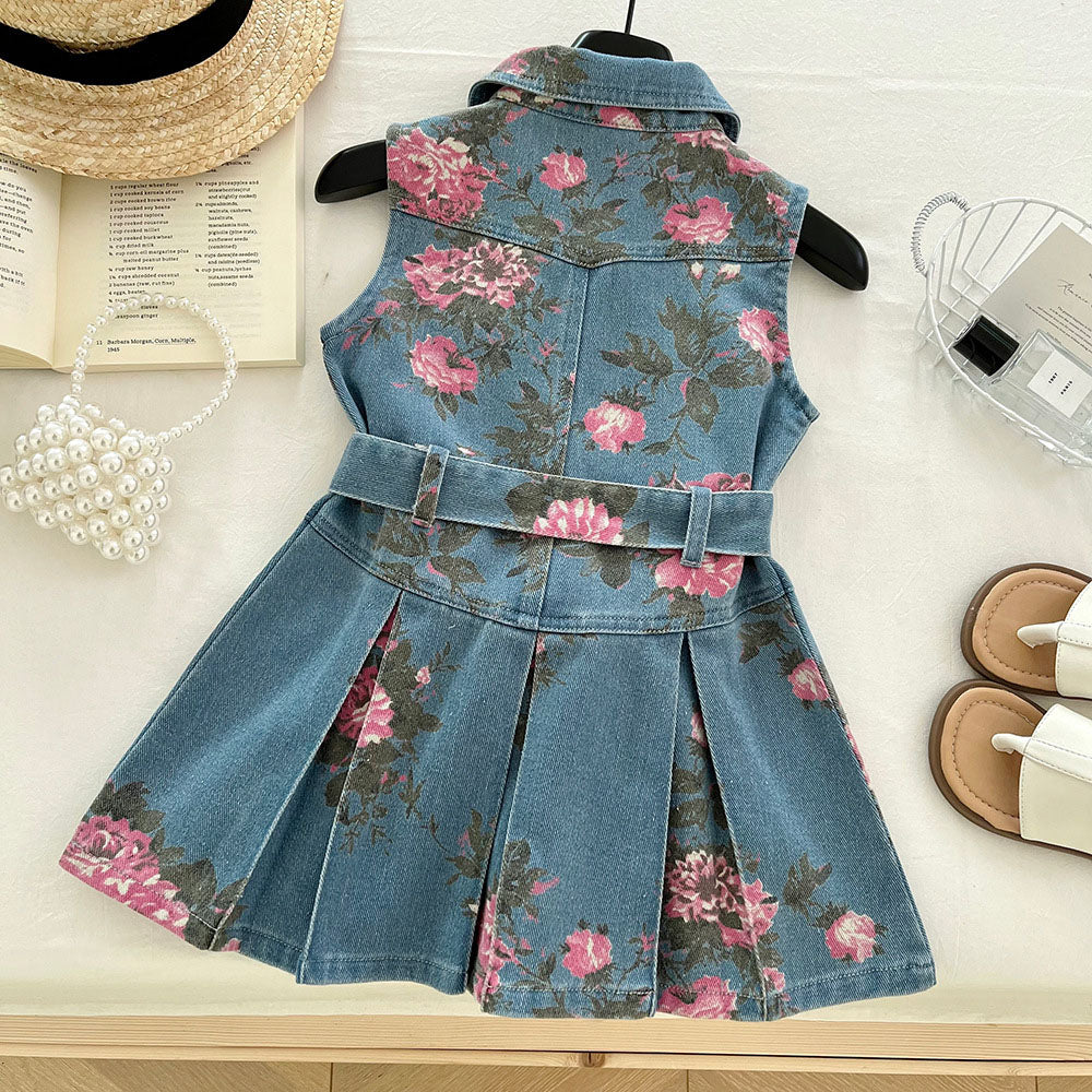 [963299] - Baju Gaun Dress Lengan Kutung Korean Style Anak Perempuan Cewek - Motif Denim Floral - BABYHOKI STORE