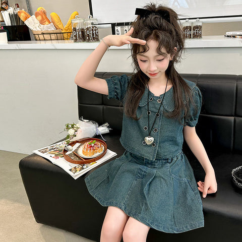 [963301] - One Set 2in1 Baju Setelan Atasan Kerah Lengan Pendek Bawahan Rok Pendek Korean Style Anak Perempuan Cewek - Motif Basic Color Denim - BABYHOKI STORE
