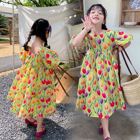 [507S181] - Baju Dress Lengan Pendek Fashion Anak Perempuan - Motif Tulip Flower