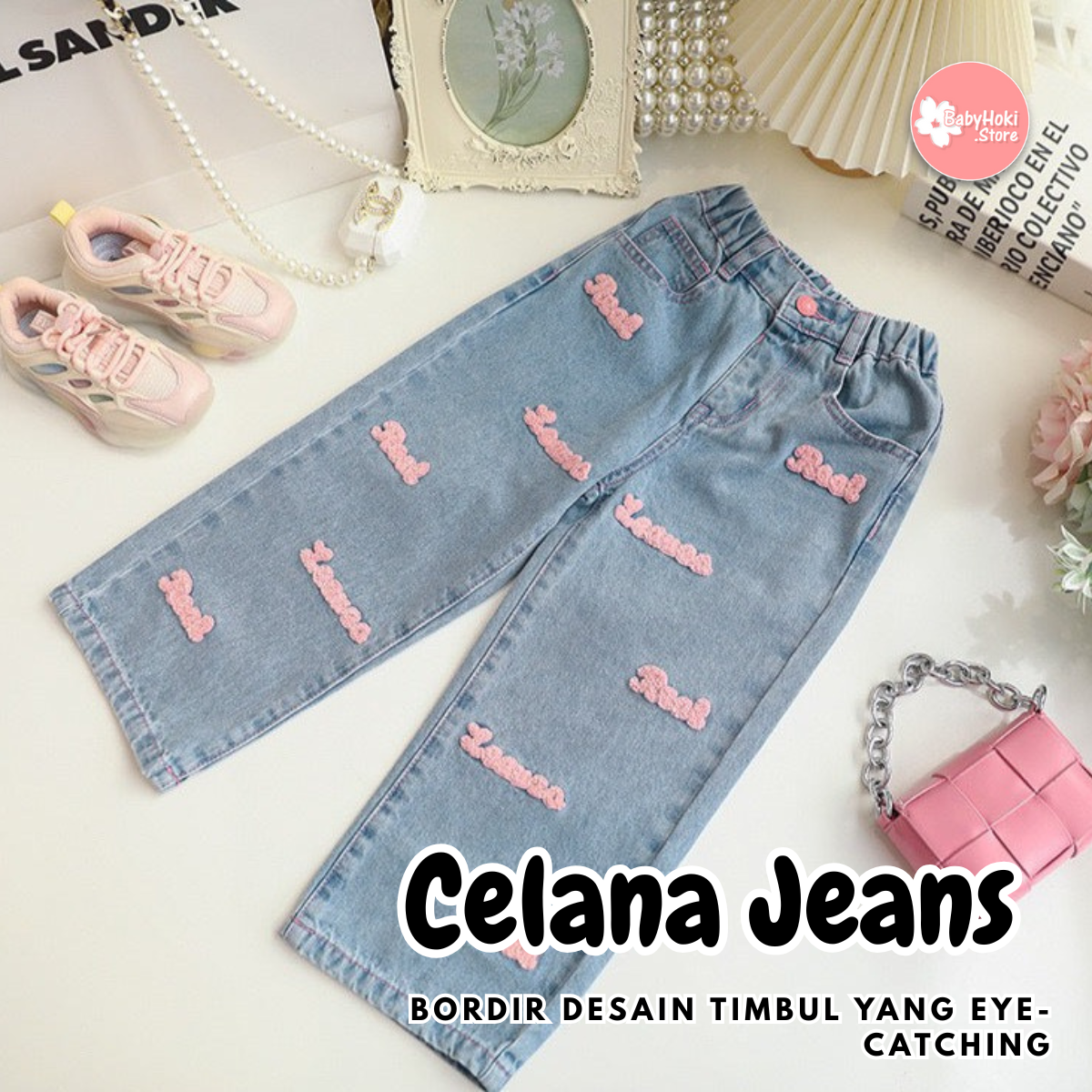 [363713] - Baju Setelan Atasan Rajut Celana Jeans Panjang Fashion Anak Cewek - Motif Letter Knit