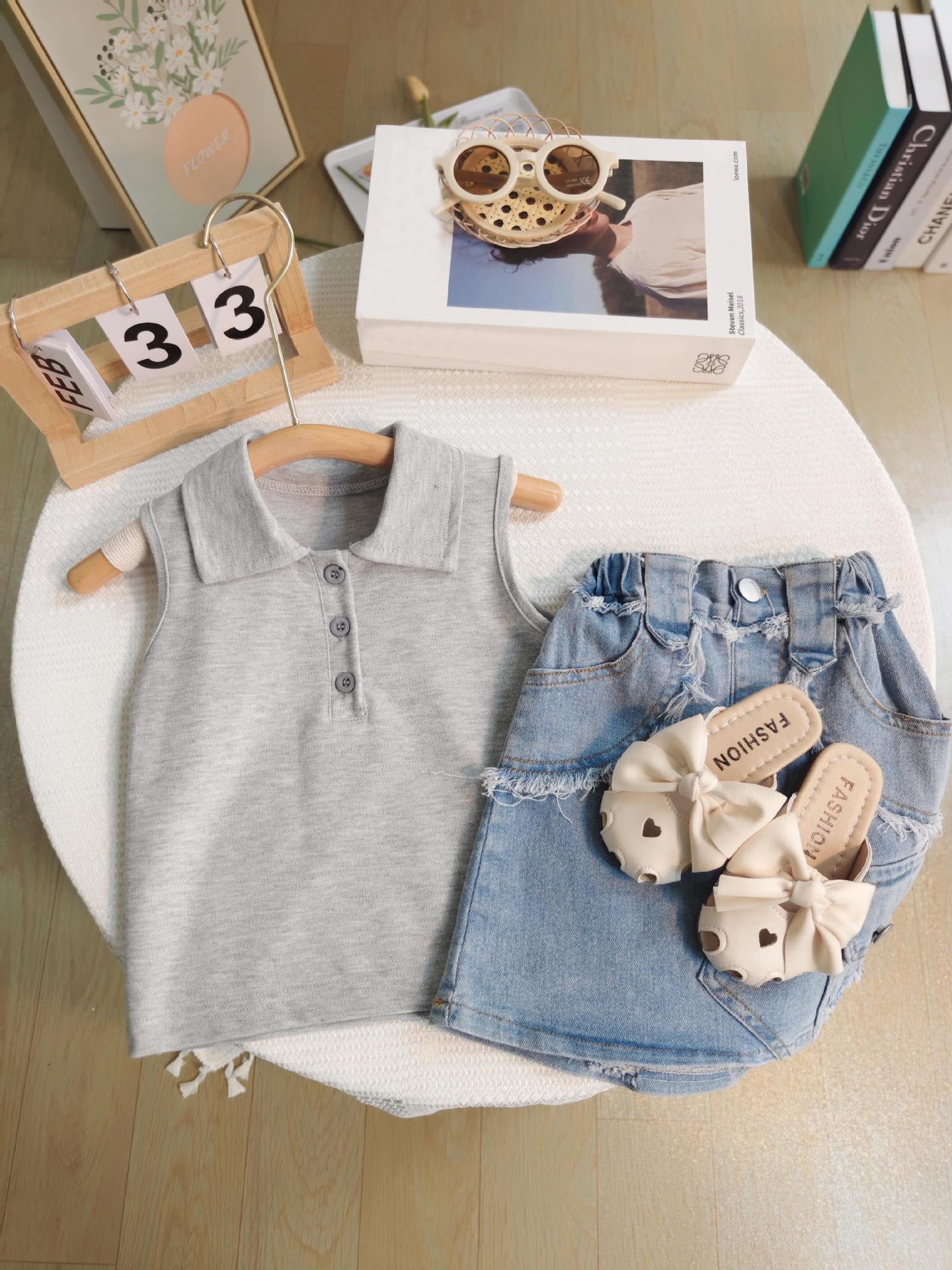 [363723] - Baju Setelan Tank Top Kerah Kancing Bawahan Rok Jeans Fashion Anak Perempuan - Motif Casual Pocket
