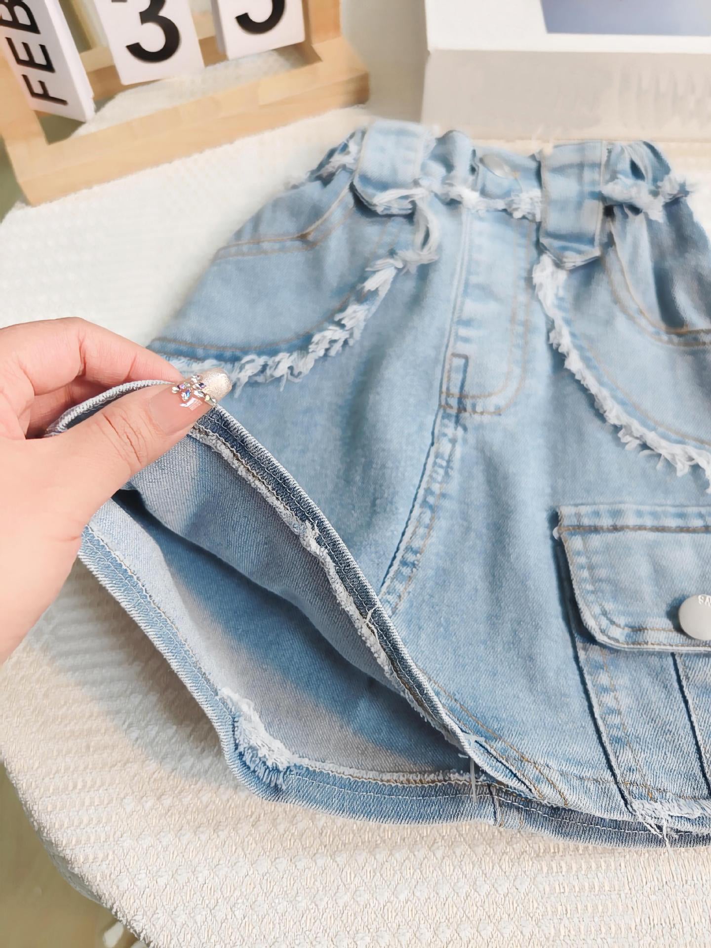 [363723] - Baju Setelan Tank Top Kerah Kancing Bawahan Rok Jeans Fashion Anak Perempuan - Motif Casual Pocket