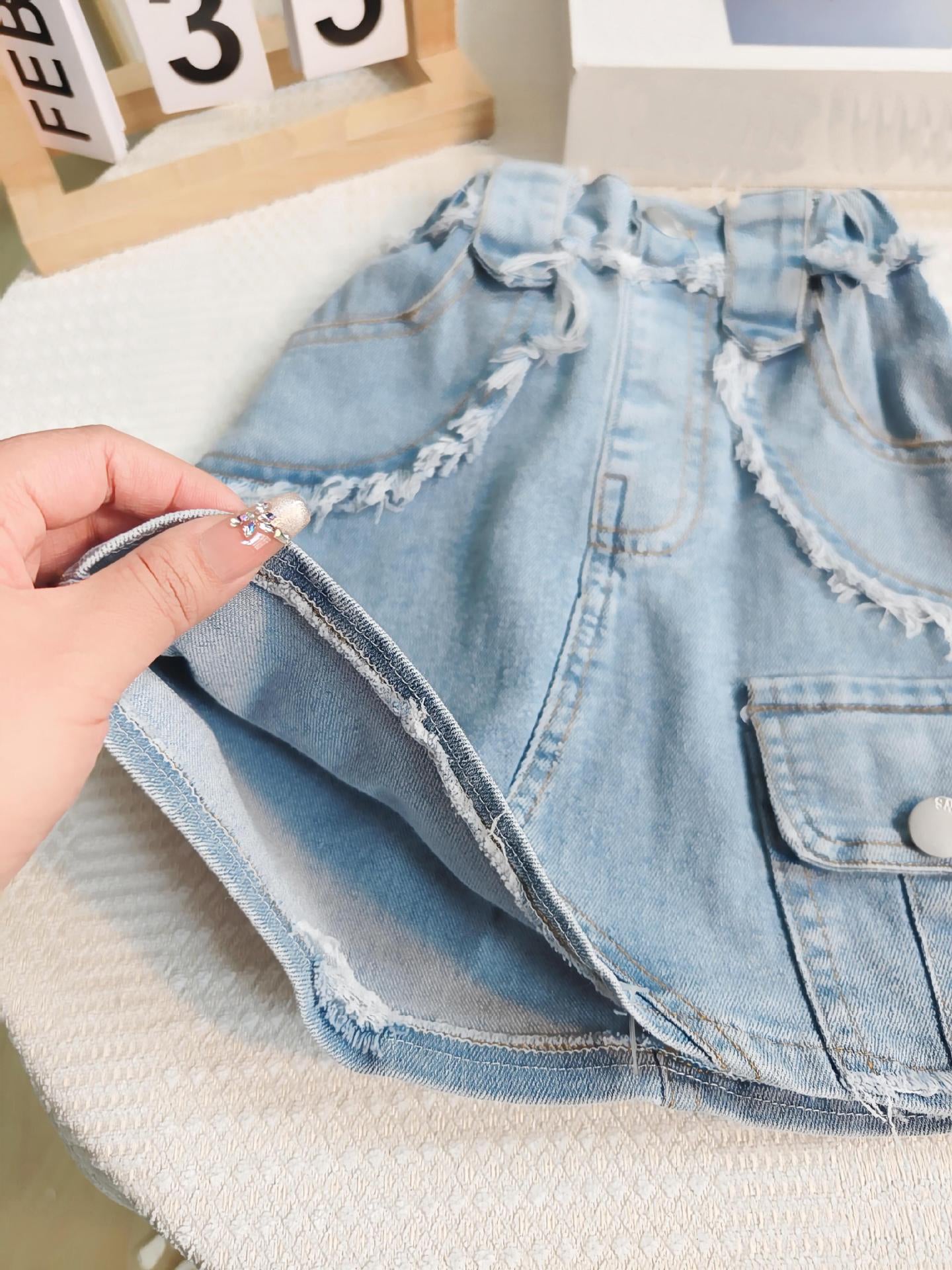 [363723] - Baju Setelan Tank Top Kerah Kancing Bawahan Rok Jeans Fashion Import Anak Perempuan - Motif Casual Pocket
