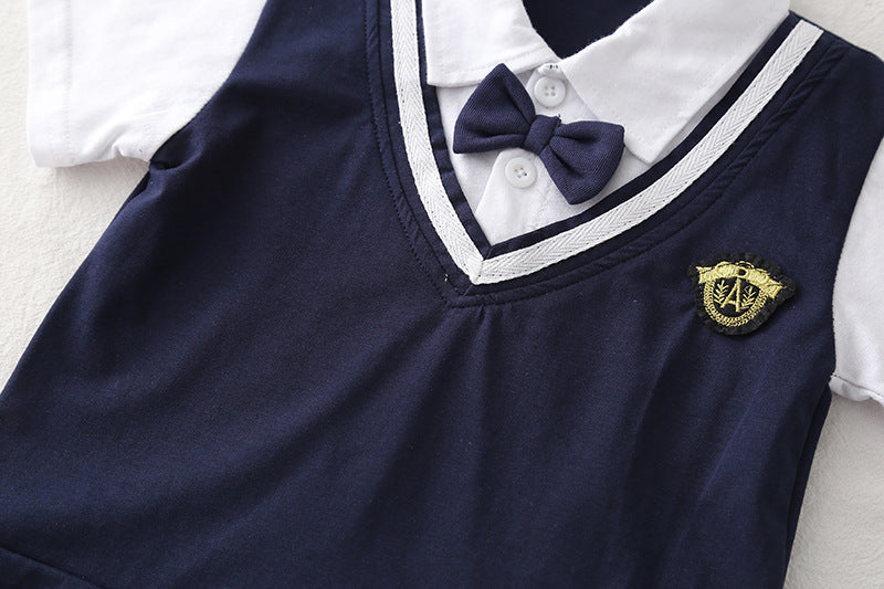 [368572] - One Set 2in1 Baju Setelan Atasan Polo Berdasi Lengan Pendek Bawahan Celana Pendek Fashion Casual Summer Anak Laki Laki Cowok - Motif Color Stripe Small Tie - BABYHOKI STORE