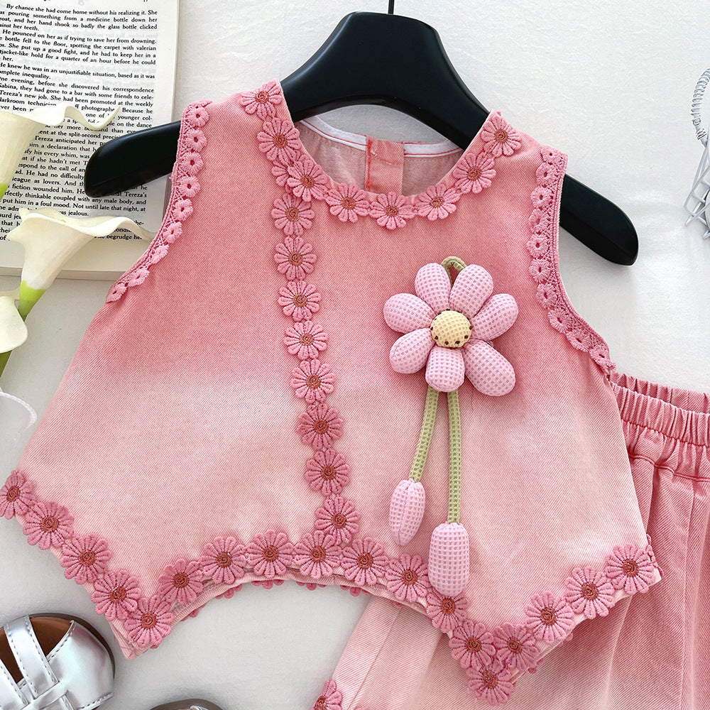 [963129] - One Set 2in1 Baju Setelan Atasan Lengan Kutung Bawahan Celana Pendek Korean Version Style Anak Perempuan Cewek - Motif Flower 3D - BABYHOKI STORE - BABYHOKI STORE