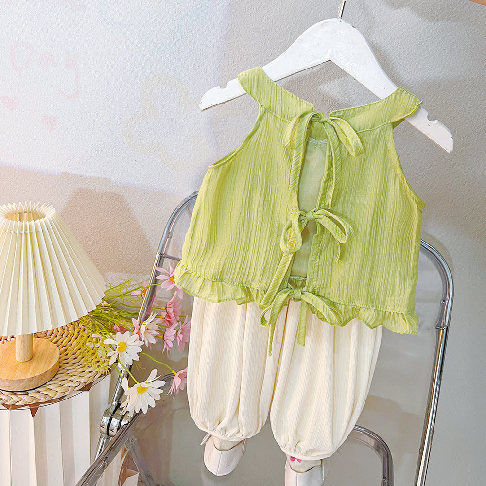 [340455] - Baju Setelan Lengan Kutung Celana Panjang Fashion Anak Perempuan - Motif Flower Ribbon