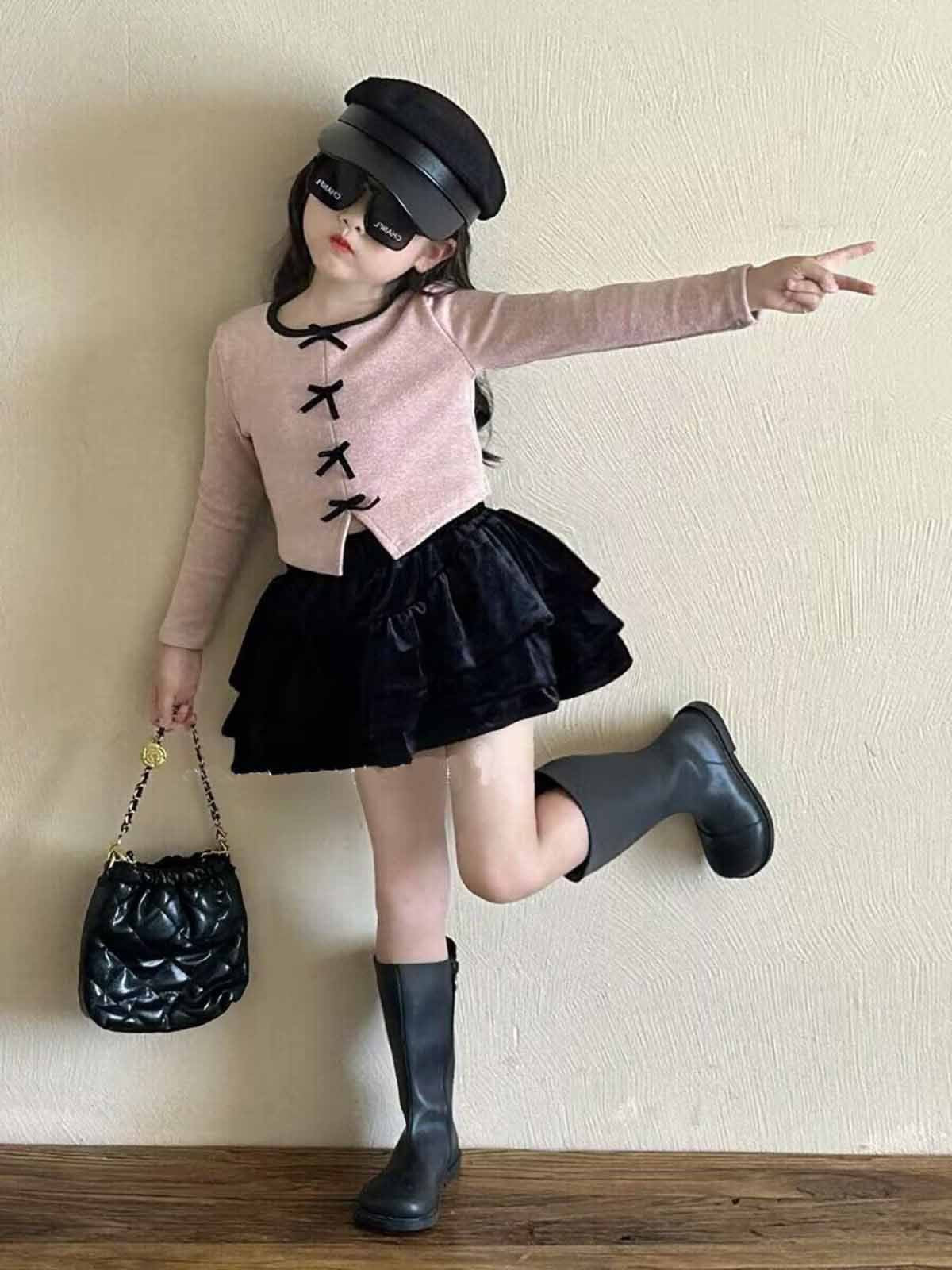 [5071075] - One Set 2in1 Baju Setelan Atasan Pink Lengan Panjang Bawahan Celana Rok Pendek Mini Fashion Anak Perempuan Cewek - Motif Bow - BABYHOKI STORE