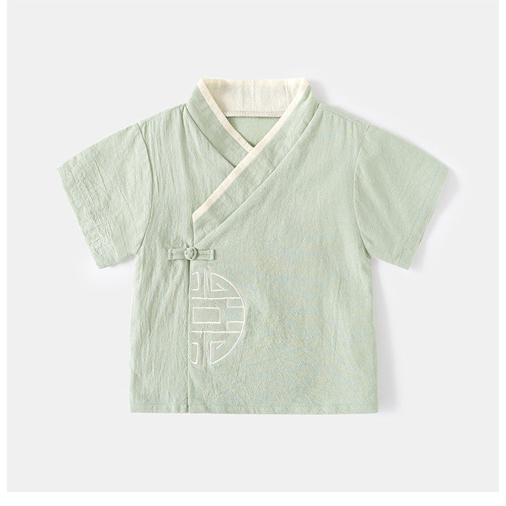 [5131127] - One Set 2in1 Baju Setelan Kerah Shanghai Imlek Atasan Lengan Pendek Bawahan Celana Pendek Style Chinese Hanfu Anak Laki Laki Cowok - Motif Top Color Green - BABYHOKI STORE