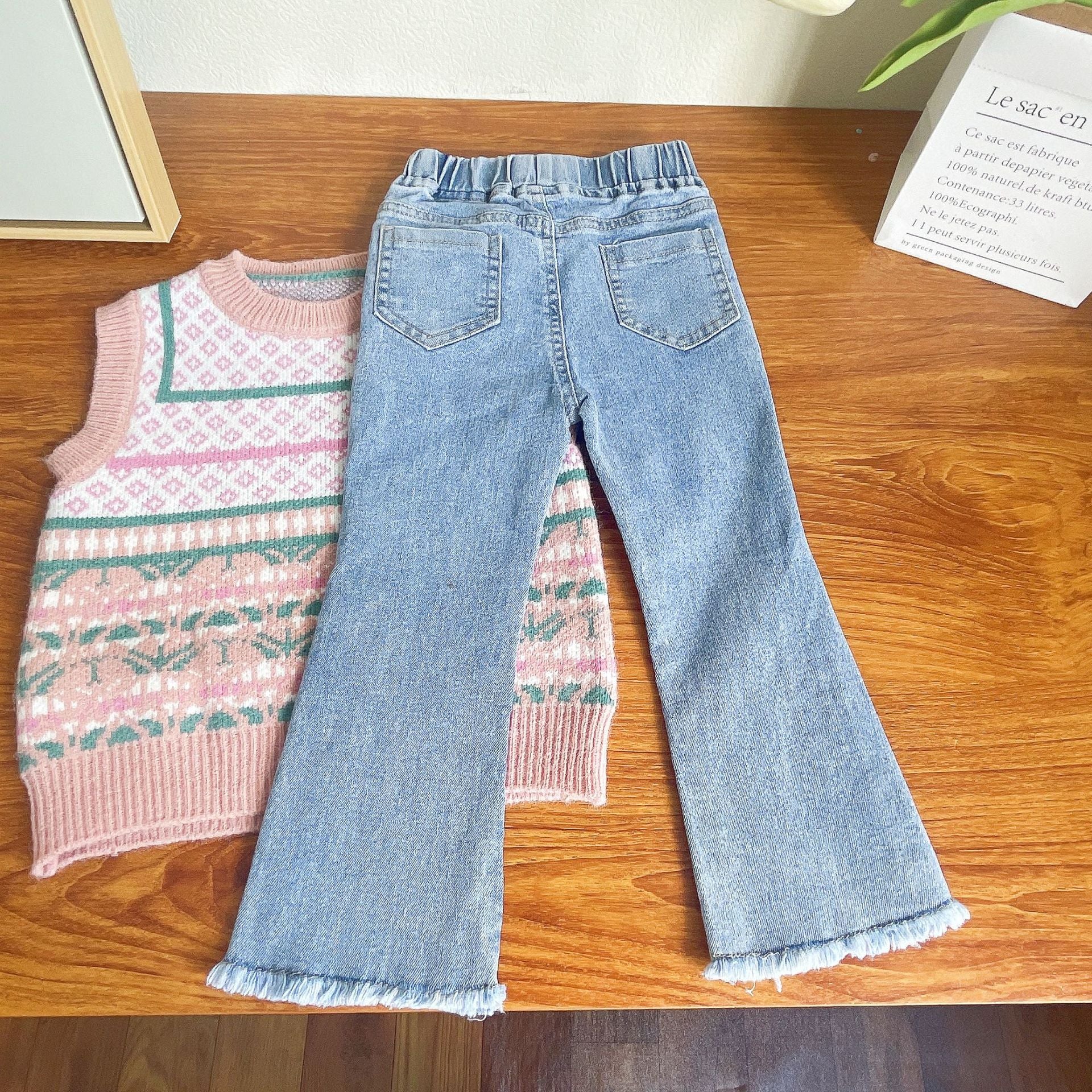[363589] - Oneset 3in1 Setelan Baju  Fashion Blouse Rompi Rajut Knit Vest Celana Jeans Rawis Anak Perempuan Cewek - Motif Pattern