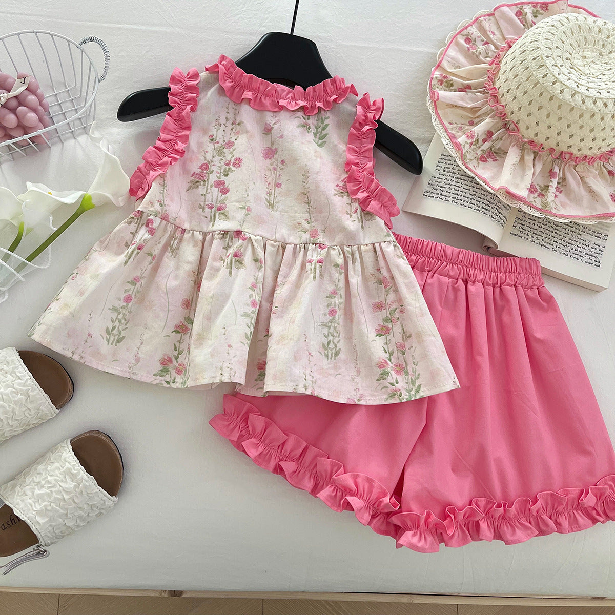 [963208] - One Set 2in1 Baju Setelan Atasan Blouse Lengan Kutung Bawahan Celana Pendek Ruflled Korean Style Anak Perempuan Cewek - Motif Pink Flower - BABYHOKI STORE