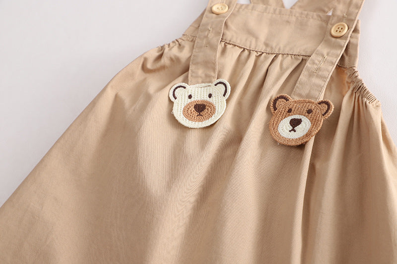[345465] Setelan Baju Kaos Bawahan Overall Rok Anak Perempuan Fashion - Motif Bear Button
