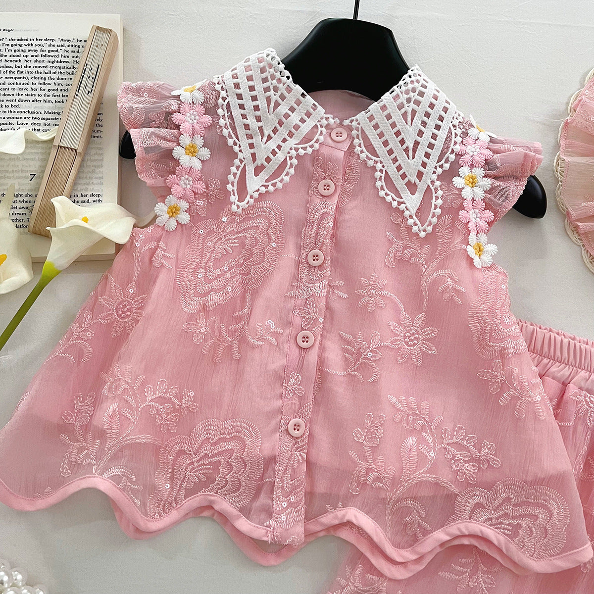 [963191] - One Set 2in1 Baju Setelan Atasan Berkerah Lengan Kutung Bawahan Celana Pendek Korea Fashion Anak Perempuan Cewek - Motif Flowers Small - BABYHOKI STORE - BABYHOKI STORE