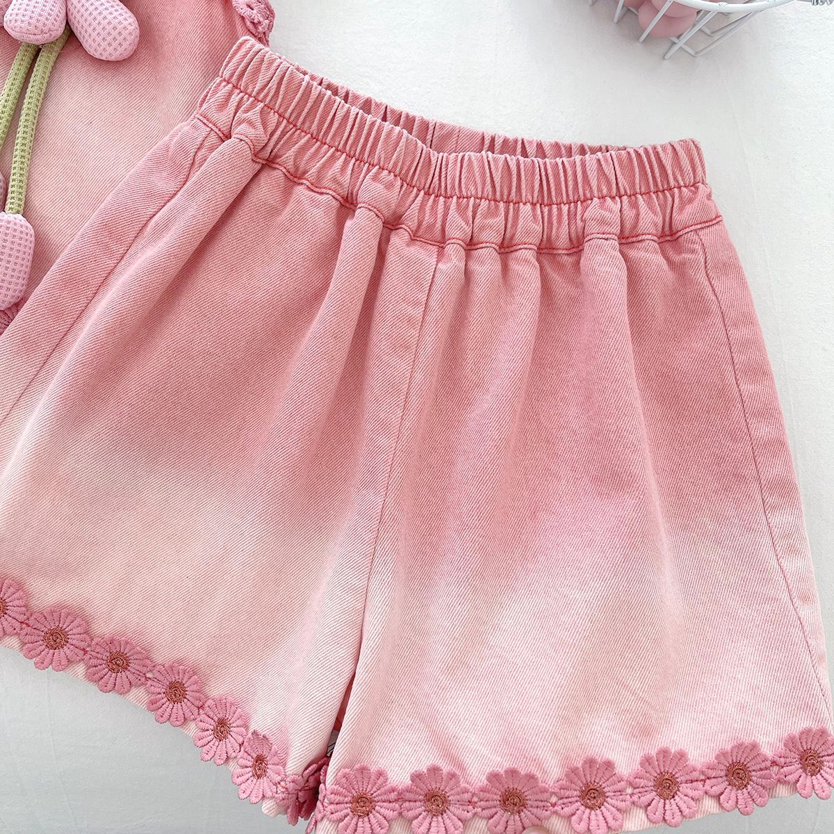 [963129] - One Set 2in1 Baju Setelan Atasan Lengan Kutung Bawahan Celana Pendek Korean Version Style Anak Perempuan Cewek - Motif Flower 3D - BABYHOKI STORE - BABYHOKI STORE