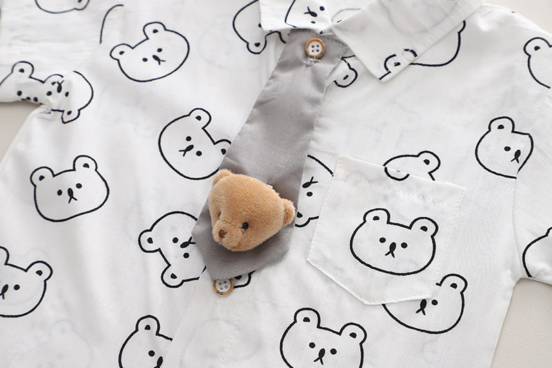[345414] - Baju Setelan Kemeja Lengan Pendek Celana Pendek Anak Cowok Fashion - Motif Bear Face