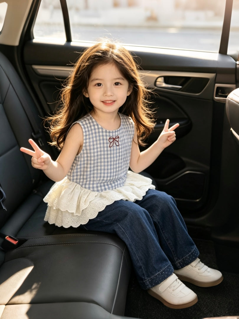 [363979] - One Set 2in1 Baju Setelan Atasan Blouse Lengan Kutung Bawahan Panjang Kulot Korean Style Fashion Style Anak Cewek Perempuan - Motif Plaid Lace - BABYHOKI STORE