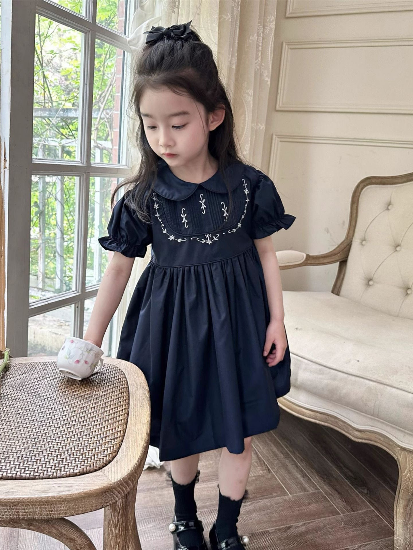 [5071074] - Baju Dress Gaun Vintage Lengan Pendek Fashion Anak Perempuan Cewek - Motif Colour Basic Navy - BABYHOKI STORE