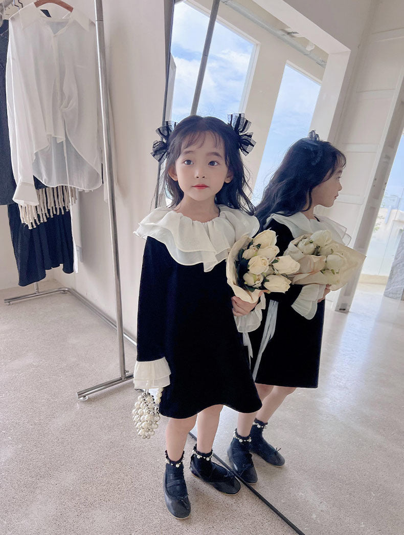 [507S1101] - Baju Dress Lengan Panjang Fashion Anak Perempuan - Motif Neck Ruffled