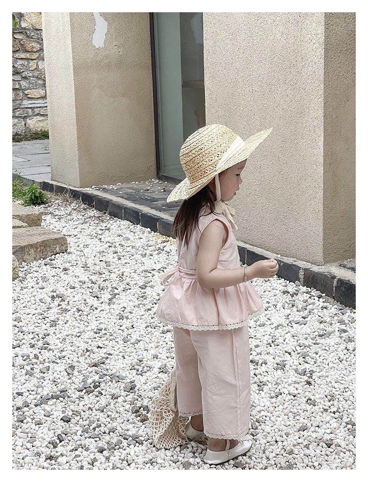 [5071106] - One Set 2in1 Baju Setelan Atasan Pink Lengan Kutung Bawahan Celana Panjang Fashion Korean Style Anak Perempuan Cewek - Motif Style Pink Solid - BABYHOKI STORE