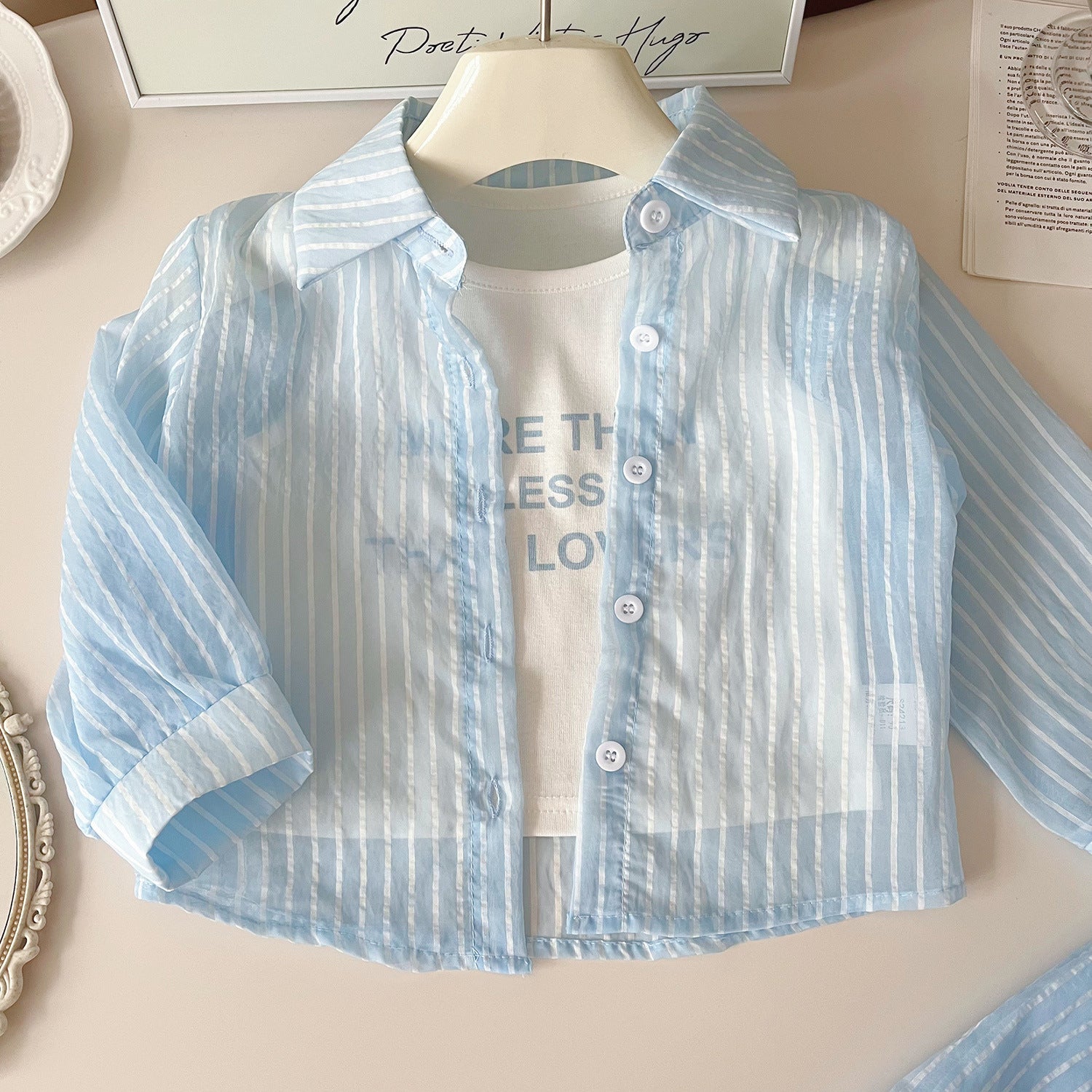 [963183] - One Set 3in1 Baju Setelan Atasan Kaos Lengan Kutung Outer Kemeja Lengan Panjang Bawahan Celana Pendek Korean Version Style Anak Perempuan Cewek - Motif Line Color - BABYHOKI STORE - BABYHOKI STORE