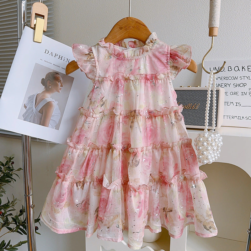 [363874] - Gaun Bunga Pink Baju Dress Ruffle Lengan Kutung Fashion Anak Perempuan Cewek - Motif Pink Floral Ruffle