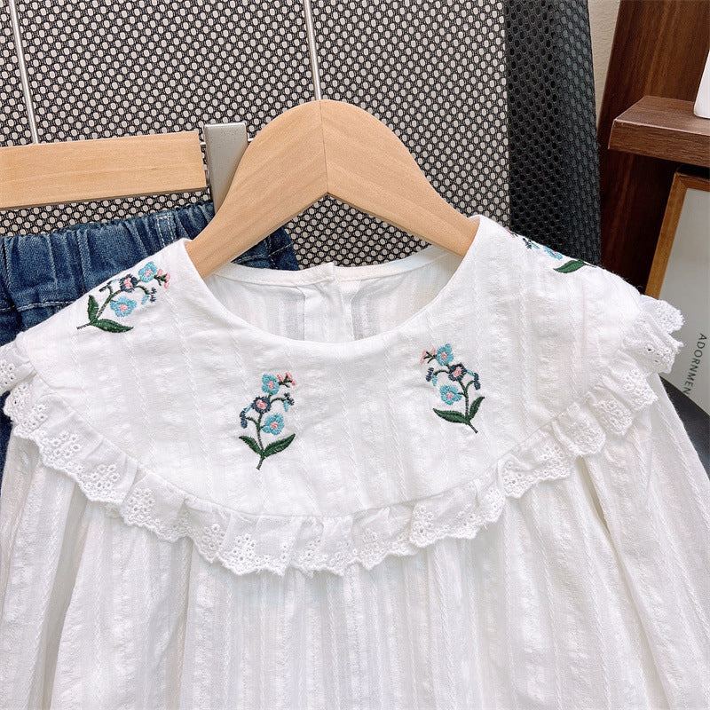 [363825] - Setelan Baju Blouse Lengan Panjang Celana Jeans Panjang Fashion Anak Perempuan - Motif White Flowers