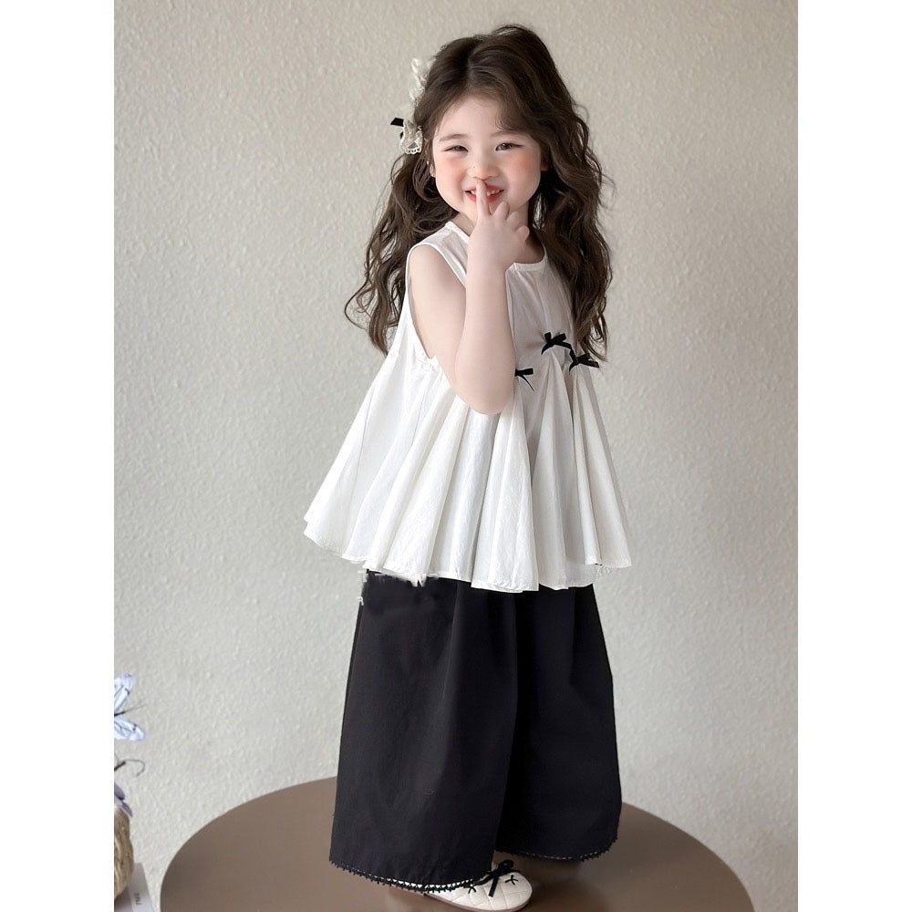 [5071079] - Baju Setelan Atasan Putih Lengan Kutung Bawahan Celana Panjang Hitam Fashion Anak Perempuan Cewek - Motif Black Bow - BABYHOKI STORE