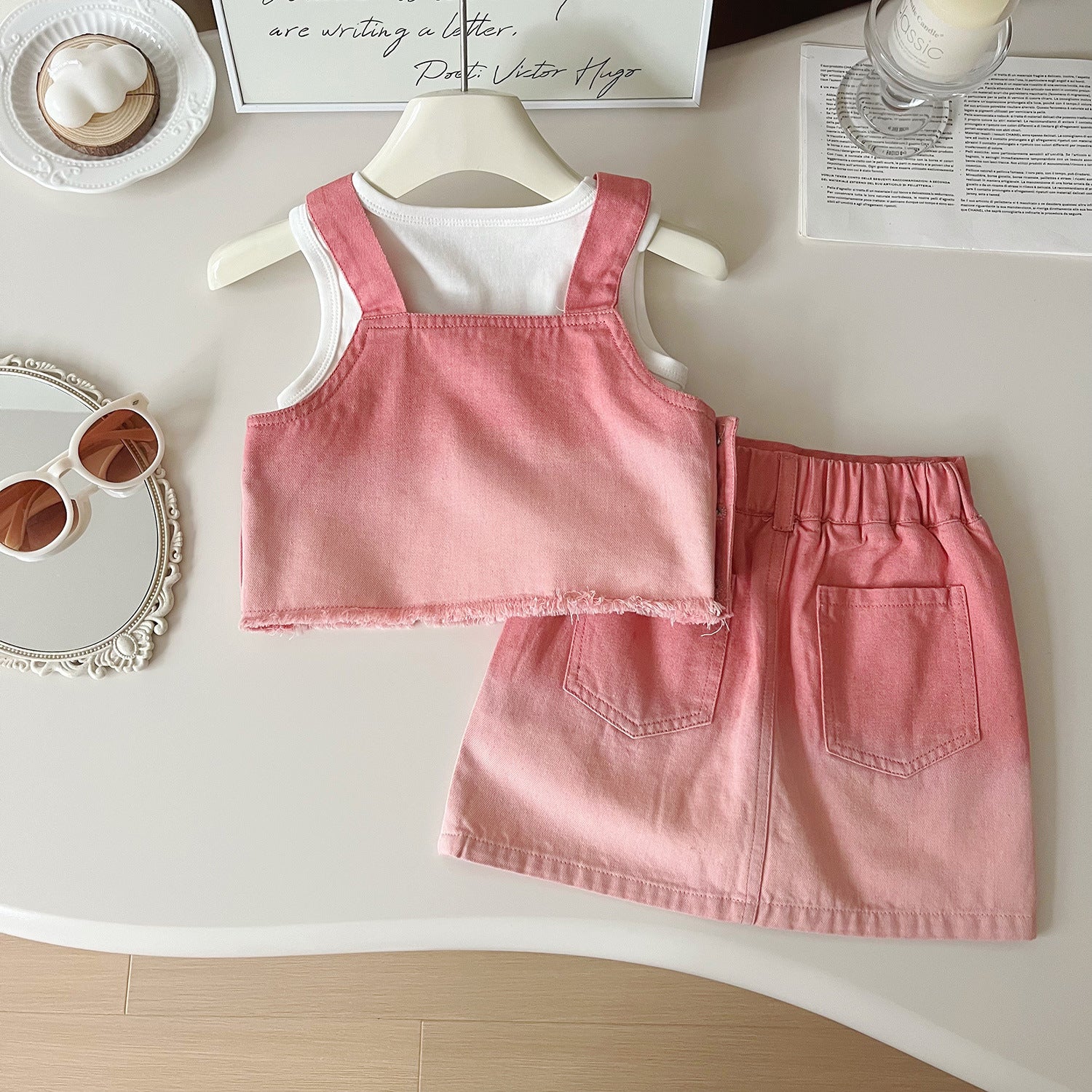 [963175] - One Set 3n1 Baju Setelan Atasan Kaos Lengan Kutung Vest Suspender Bawahan Celana Rok Pendek Korean Fashion Style Anak Perempuan Cewek - Motif Gradation Color - BABYHOKI STORE - BABYHOKI STORE